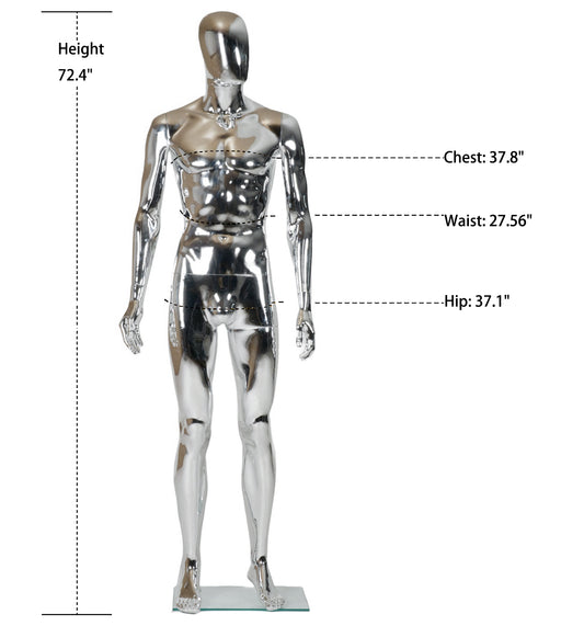 WisdomFur Male Chrome Polypropylene Unbreakable Egghead Mannequin Display Dress Form with with Glass Base, Flexible Arm, Free Split Combination, Aluminum Leg Support, and 360° Rotating Head