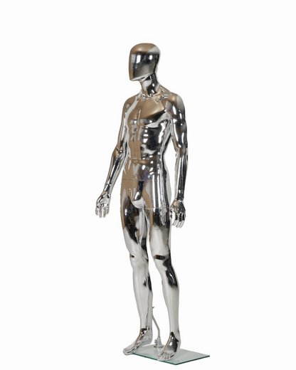 WisdomFur Male Chrome Polypropylene Unbreakable Egghead Mannequin Display Dress Form with with Glass Base, Flexible Arm, Free Split Combination, Aluminum Leg Support, and 360° Rotating Head