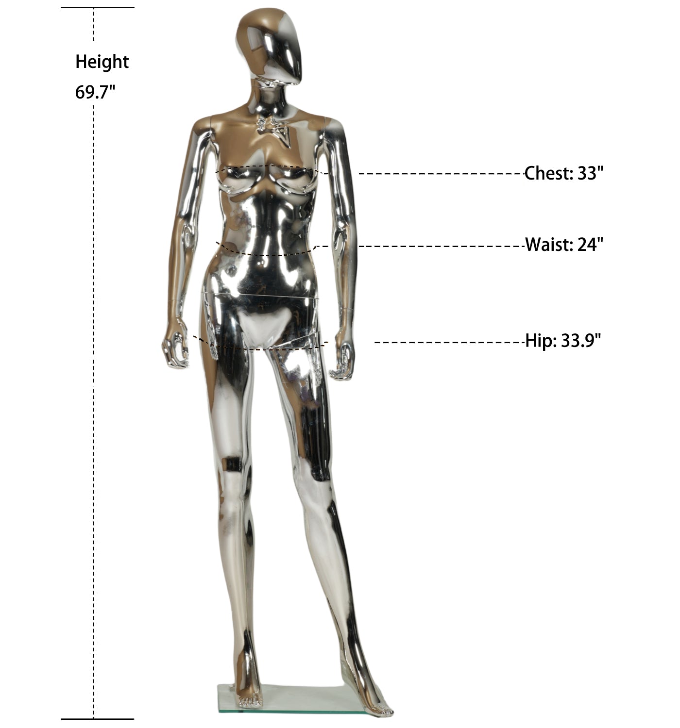 WisdomFur Female Chrome Polypropylene Unbreakable Egghead Mannequin Display Dress Form with Glass Base, Flexible Arm, Free Split Combination, Aluminum Leg Support, and 360° Rotating Head