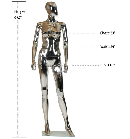 WisdomFur Female Chrome Polypropylene Unbreakable Egghead Mannequin Display Dress Form with Glass Base, Flexible Arm, Free Split Combination, Aluminum Leg Support, and 360° Rotating Head