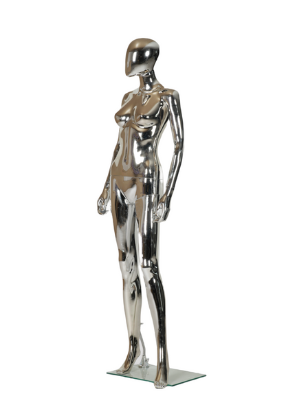 WisdomFur Female Chrome Polypropylene Unbreakable Egghead Mannequin Display Dress Form with Glass Base, Flexible Arm, Free Split Combination, Aluminum Leg Support, and 360° Rotating Head
