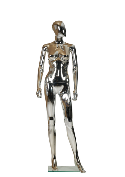 WisdomFur Female Chrome Polypropylene Unbreakable Egghead Mannequin Display Dress Form with Glass Base, Flexible Arm, Free Split Combination, Aluminum Leg Support, and 360° Rotating Head