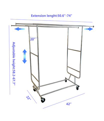 Wisdomfur Double Bars Garment Rack with Wheels, Heavy Duty Garment Rack for Hanging Clothes, Chrome, Standard Rolling Garment Rack with Wheels - Chrome