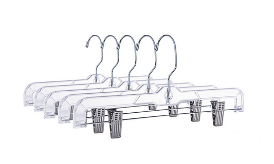 100 Pack WisdomFur Clear Plastic Pants Skirt Hangers with Clips - Space-Saving Wardrobe Organizer with Adjustable Clips, 360-Rotating Swivel Hook, Ideal for Pants, Trousers, Skirts, and Jeans