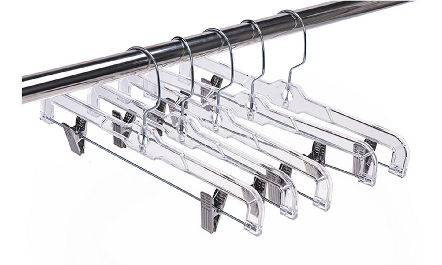 100 Pack WisdomFur Clear Plastic Pants Skirt Hangers with Clips - Space-Saving Wardrobe Organizer with Adjustable Clips, 360-Rotating Swivel Hook, Ideal for Pants, Trousers, Skirts, and Jeans