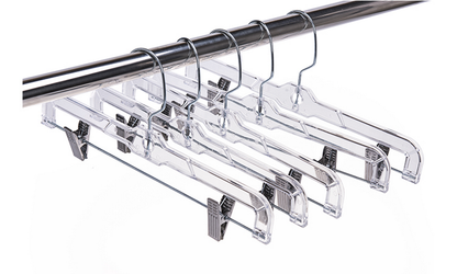 100 Pack WisdomFur Clear Plastic Pants Skirt Hangers with Clips - Space-Saving Wardrobe Organizer with Adjustable Clips, 360-Rotating Swivel Hook, Ideal for Pants, Trousers, Skirts, and Jeans