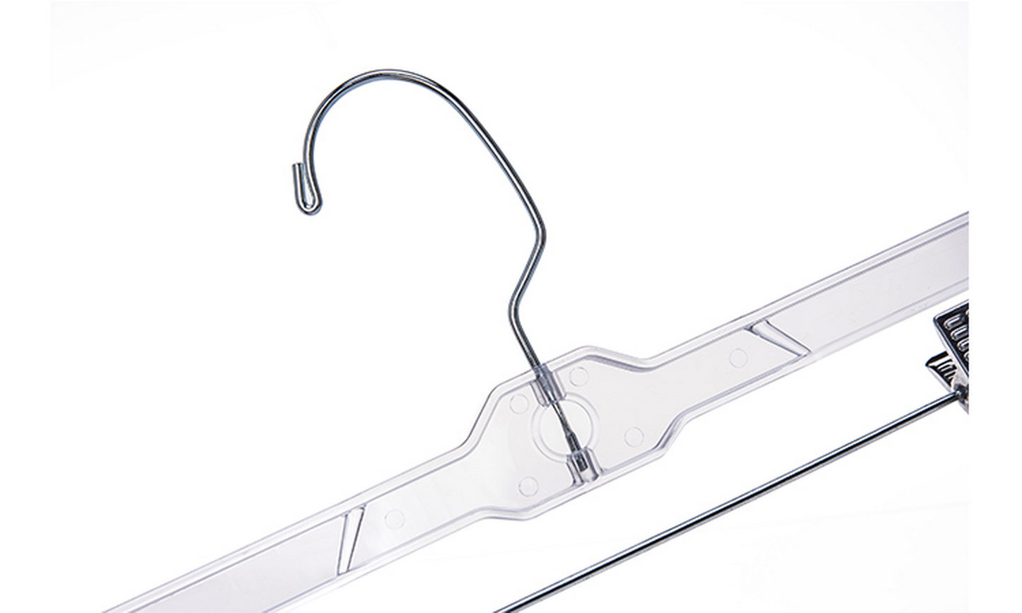 100 Pack WisdomFur Clear Plastic Pants Skirt Hangers with Clips - Space-Saving Wardrobe Organizer with Adjustable Clips, 360-Rotating Swivel Hook, Ideal for Pants, Trousers, Skirts, and Jeans