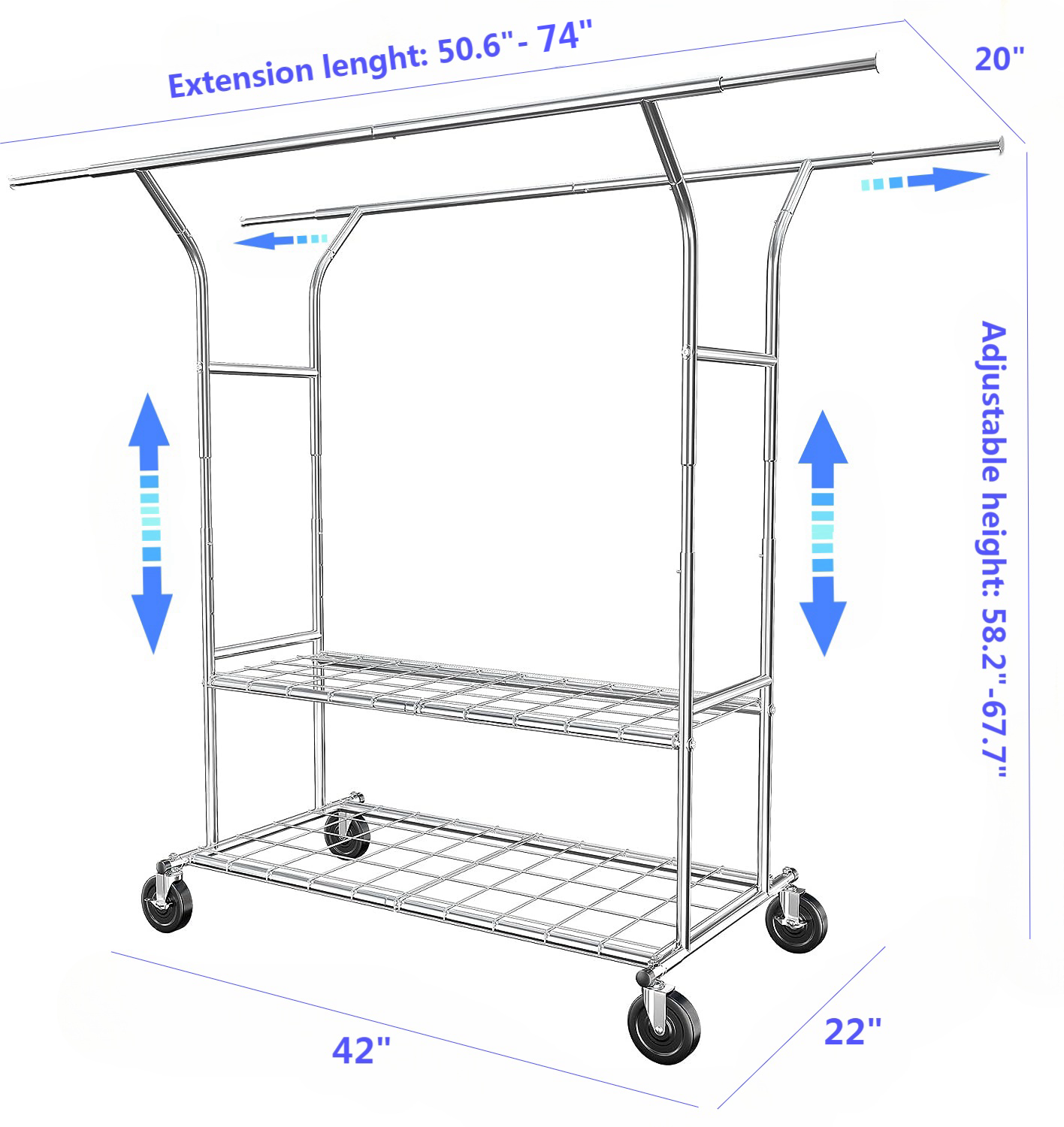 Wisdomfur Heavy Duty Clothing Rack with Wheels, shelf Clothing Racks for Hanging Clothes Rolling Clothes Rack Adjustable Garment Rack Commercial Portable Clothes Rack - Chrome